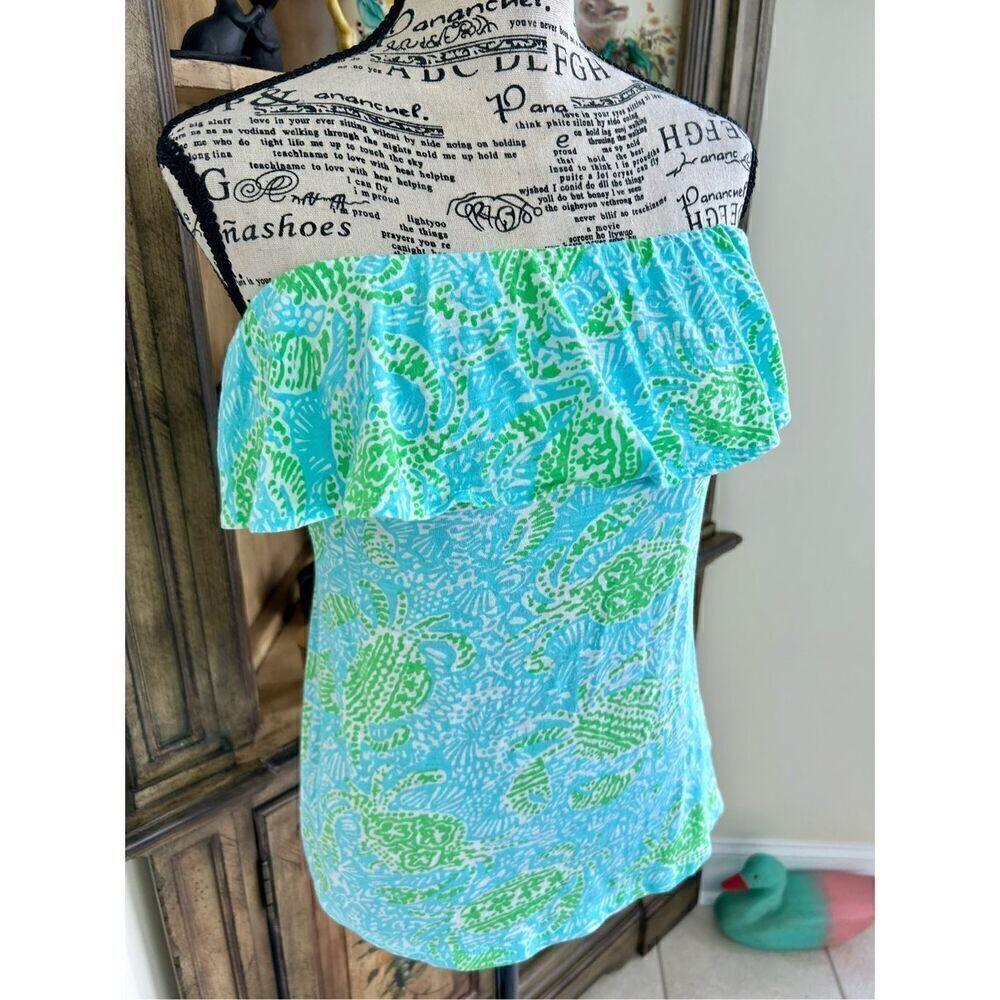 Lilly Pulitzer Strapless Tee Shirt XS 32 Bust Blue Green Coconut Girl Knit Top - Picture 7 of 7